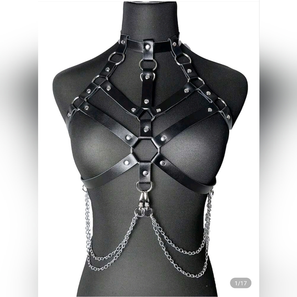 Womens Gothic Black Leather Adjustable Chest Harness with Silver Chain